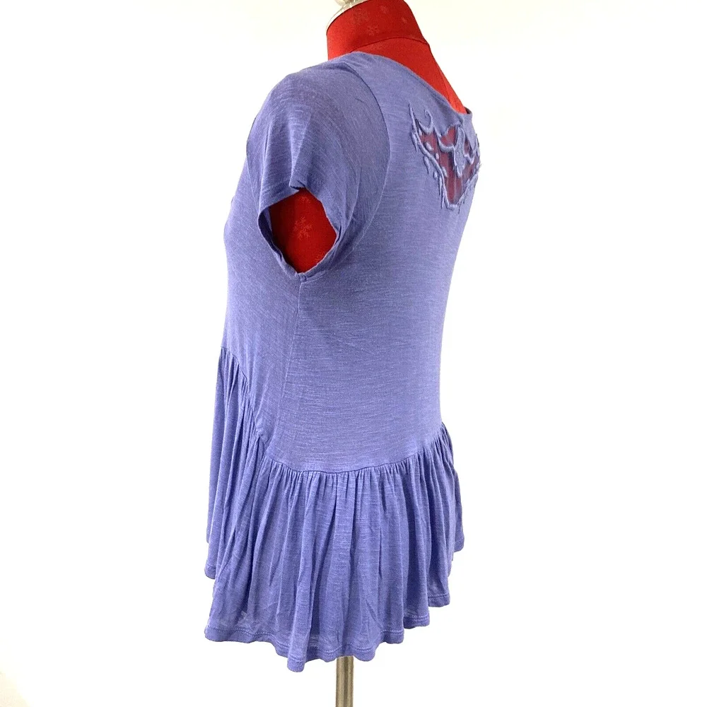 Free People baby doll peplum top blue slub knit lace embroidery details Boho XS